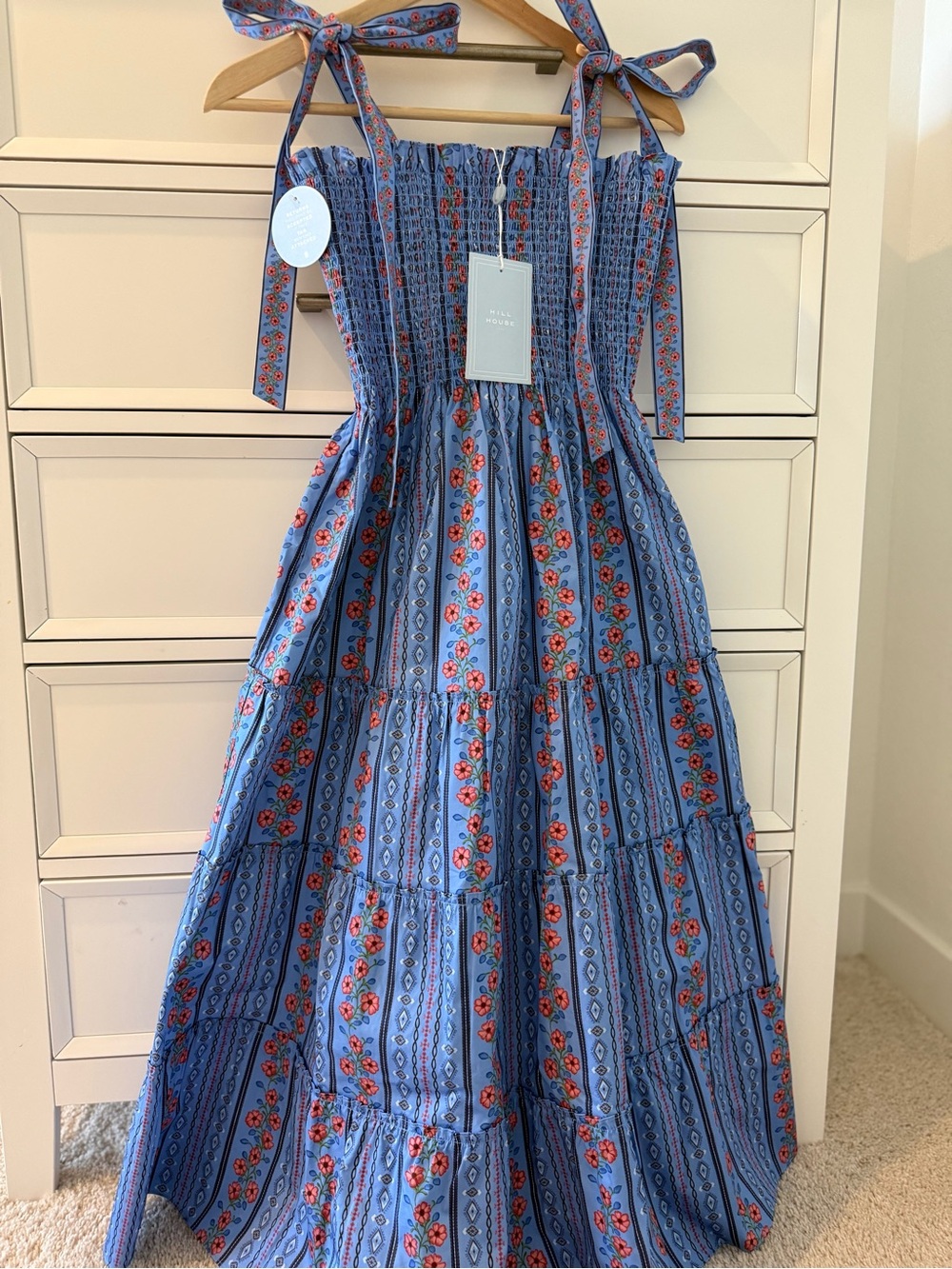 Hill House Blue Floral Midi Dress with Red Accents